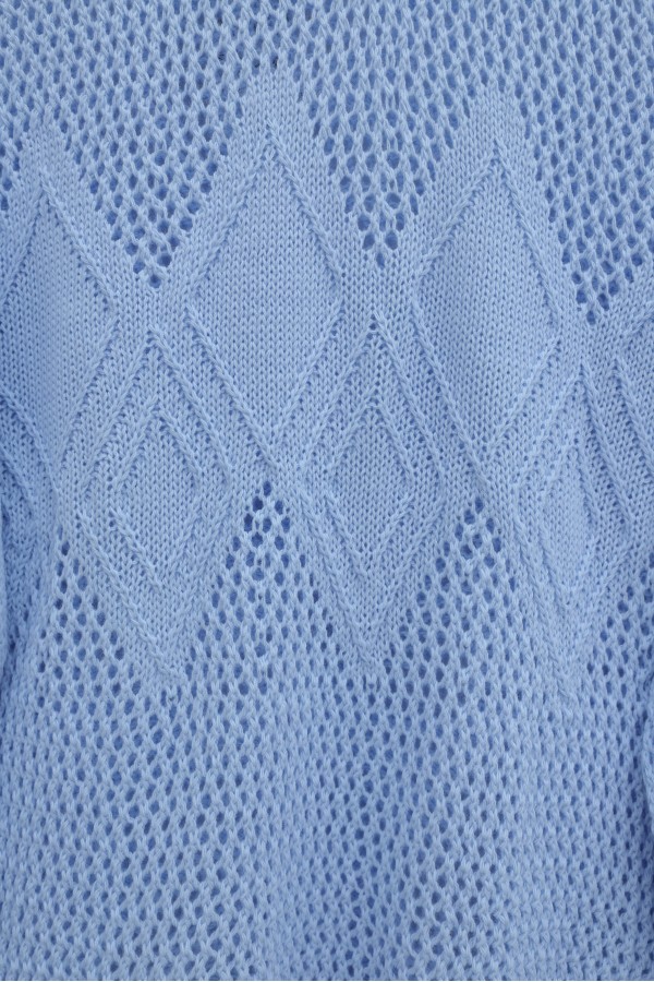 Knitted Sweater with Openwork Pattern on Front and Sleeves -Baby Blue