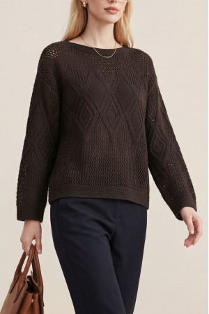 Önü Ve Kolları Desenli Ajurlu Triko Kazak -K. Kahve