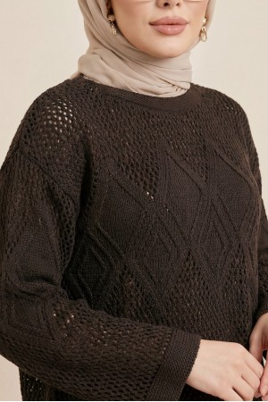 Önü Ve Kolları Desenli Ajurlu Triko Kazak -K. Kahve