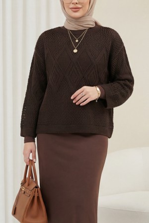 Önü Ve Kolları Desenli Ajurlu Triko Kazak -K. Kahve