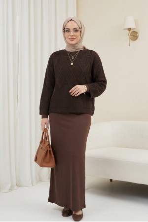 Önü Ve Kolları Desenli Ajurlu Triko Kazak -K. Kahve