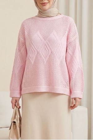 Önü Ve Kolları Desenli Ajurlu Triko Kazak -Pembe