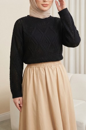 Önü Ve Kolları Desenli Ajurlu Triko Kazak -Siyah