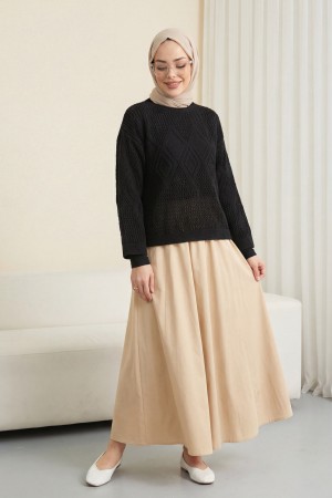 Önü Ve Kolları Desenli Ajurlu Triko Kazak -Siyah