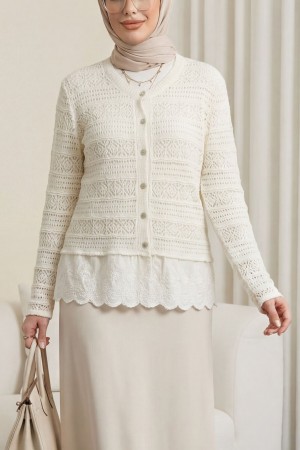 Buttoned Openwork Knit Cardigan with Lace Detail Hem -Ecru