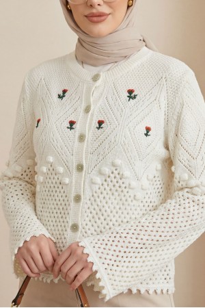 Önü Ve Kolları Ponponlu Çiçek Nakışlı Düğmeli Triko Hırka  -Ekru