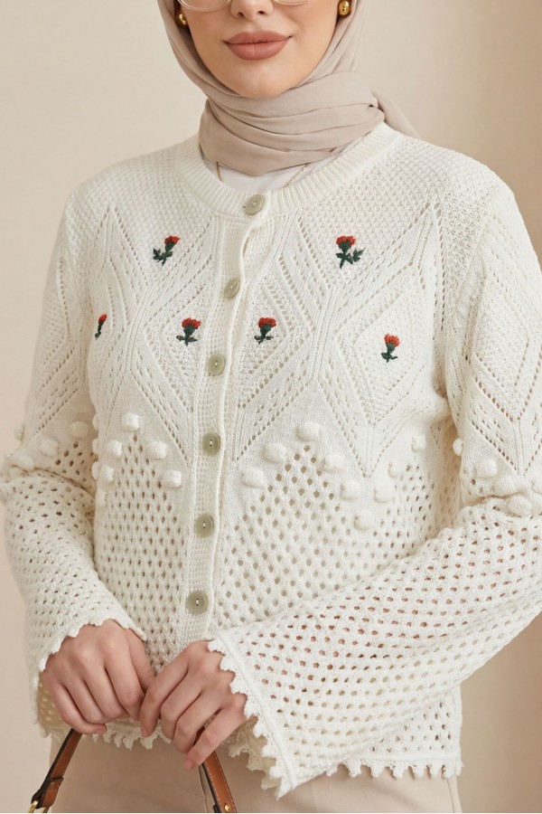 Buttoned Knit Cardigan with Pom-Pom Embroidered Flowers on Front and Sleeves -Ecru
