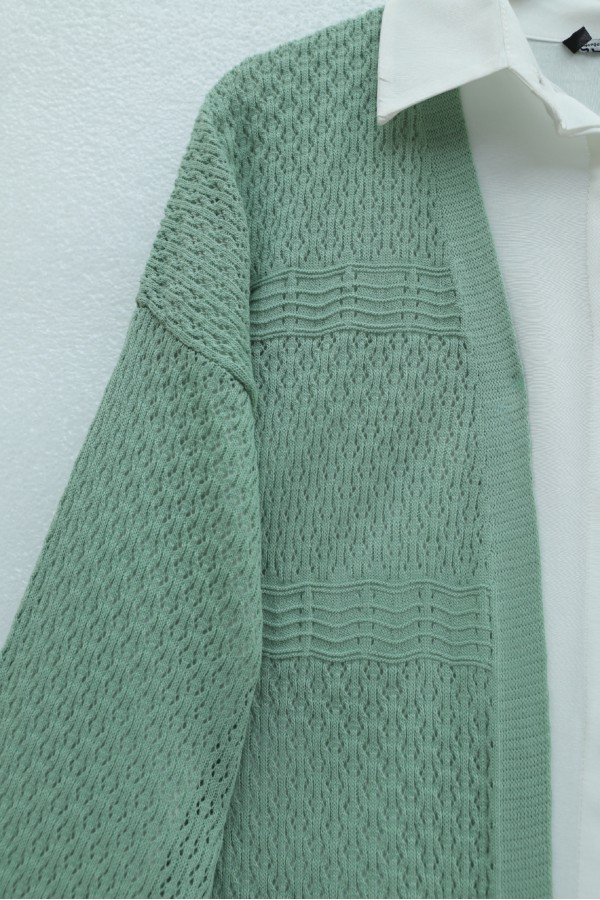 Openwork Wave Pattern Knitted Cardigan  -Mint Color