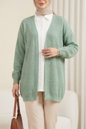 Ajurlu Dalga Desenli Triko Hırka  -Mint