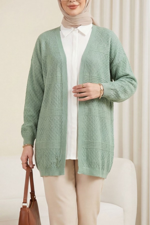 Openwork Wave Pattern Knitted Cardigan  -Mint Color