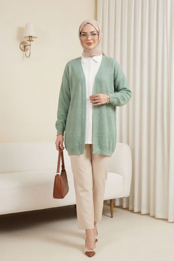 Openwork Wave Pattern Knitted Cardigan  -Mint Color