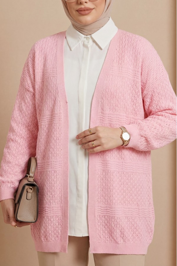 Openwork Wave Pattern Knitted Cardigan  -Pink