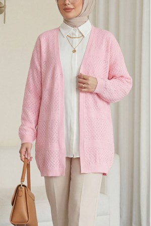 Ajurlu Dalga Desenli Triko Hırka  -Pembe