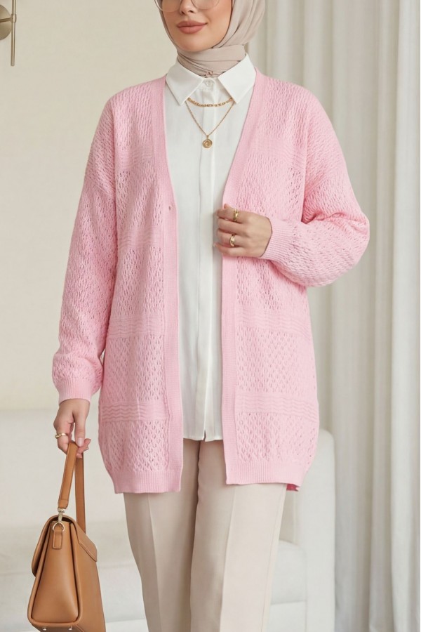Openwork Wave Pattern Knitted Cardigan  -Pink