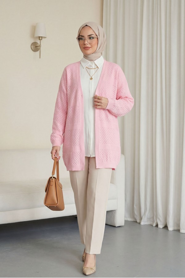 Openwork Wave Pattern Knitted Cardigan  -Pink