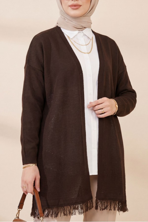 Skirt Tasseled Mesh Cardigan  -Dark Coffee