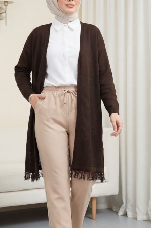 Eteği Püsküllü Fileli Hırka  -K. Kahve