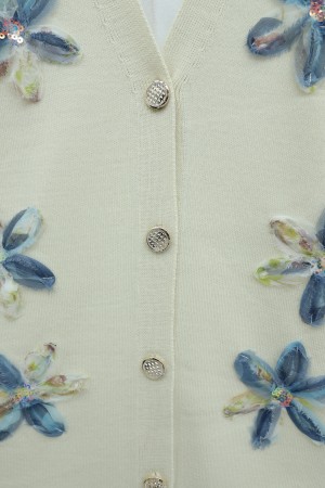 V Yaka Organze Tül Çiçek Nakışlı Triko Hırka  -Bej