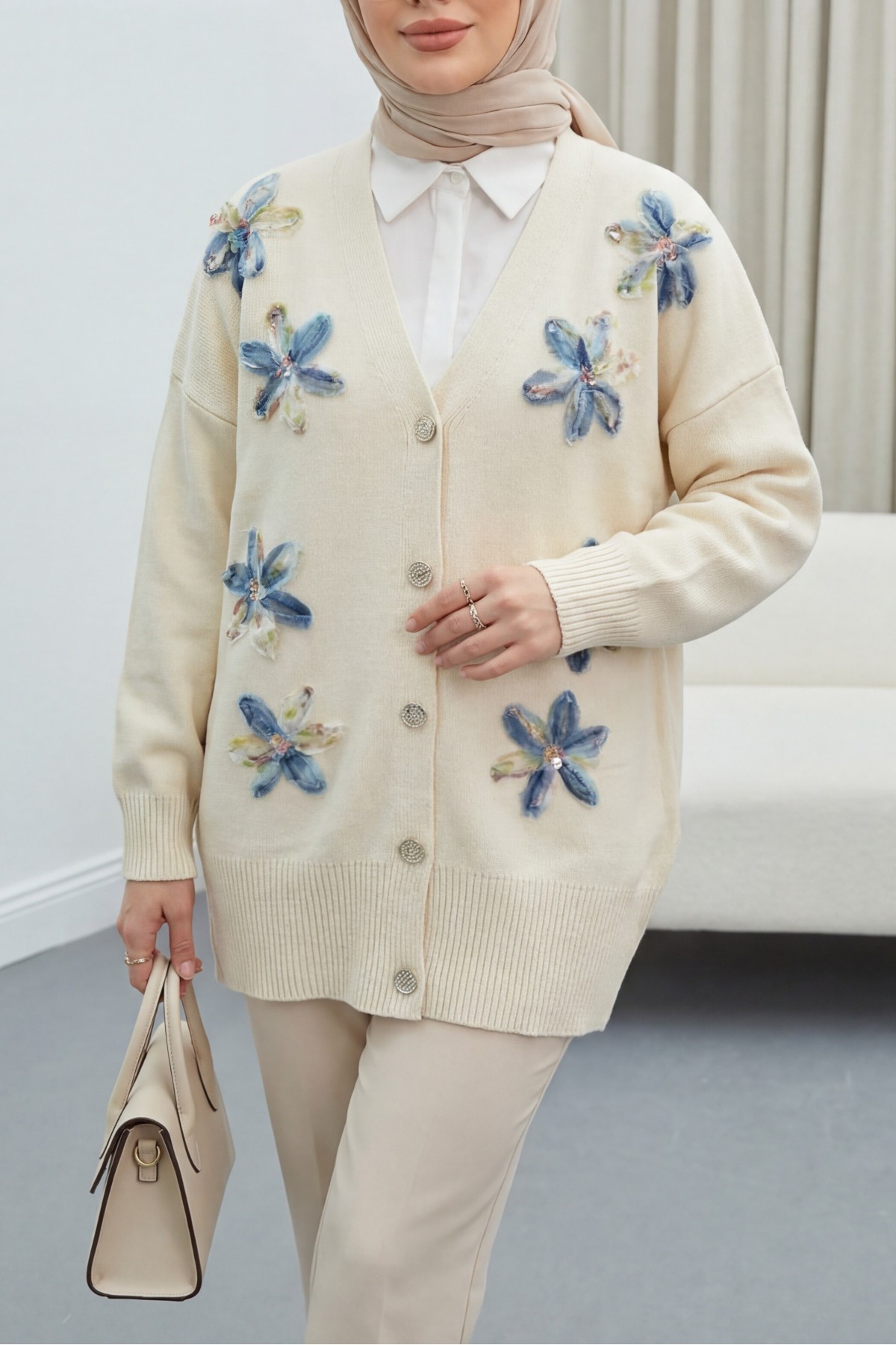 V Neck Organza Tulle Floral Embroidered Knitwear Cardigan  - Beige