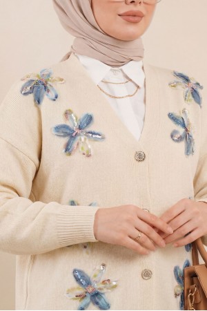 V Yaka Organze Tül Çiçek Nakışlı Triko Hırka  -Bej