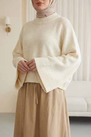 Yarım Boğazlı Yarasa Kol Etek Üstü Triko Kazak  -Krem