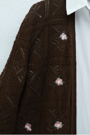 Openwork Embroidered Cardigan     -Light coffee
