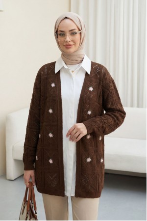 Openwork Embroidered Cardigan     -Light coffee