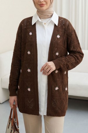 Ajurlu Nakışlı Hırka     -Açık Kahve