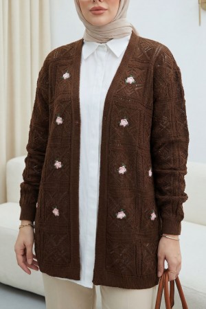 Openwork Embroidered Cardigan     -Light coffee