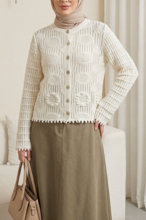 Oval Desen Ajurlu Düğmeli Triko Hırka -Ekru
