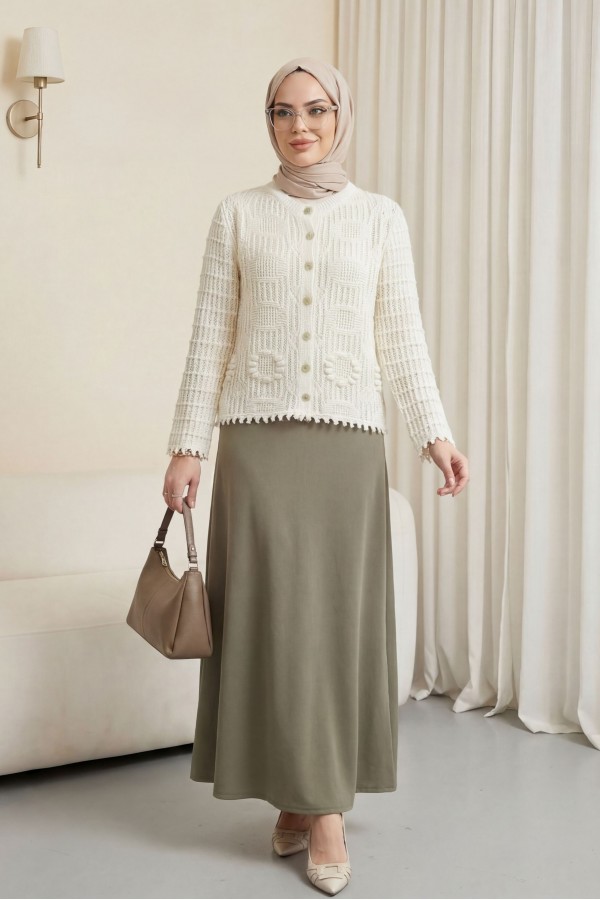 Oval Pattern Openwork Buttoned Knit Cardigan -Ecru