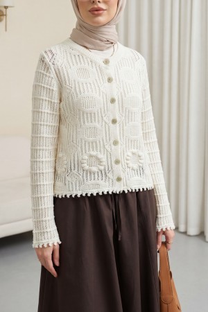 Oval Pattern Openwork Buttoned Knit Cardigan -Ecru