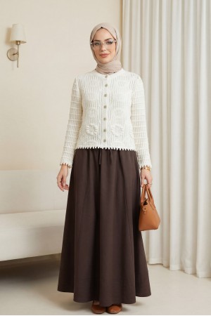 Oval Pattern Openwork Buttoned Knit Cardigan -Ecru