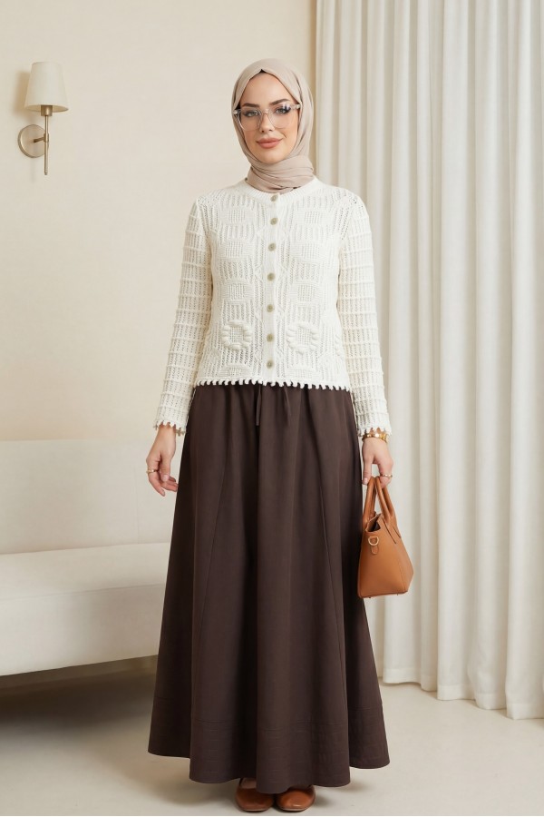 Oval Pattern Openwork Buttoned Knit Cardigan -Ecru