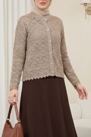 Buttoned Openwork Knit Cardigan -Light coffee