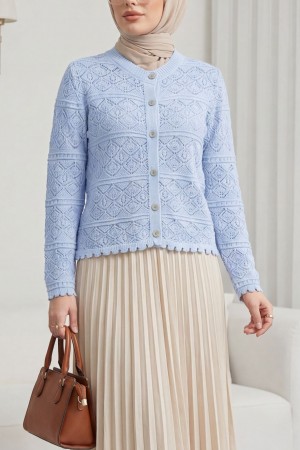 Buttoned Openwork Knit Cardigan -Baby Blue