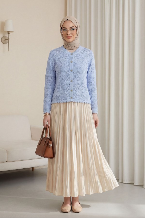 Buttoned Openwork Knit Cardigan -Baby Blue