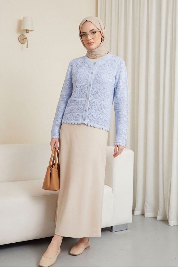 Buttoned Openwork Knit Cardigan -Baby Blue