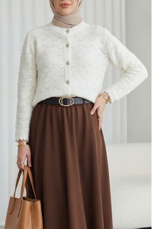 Buttoned Openwork Knit Cardigan -White