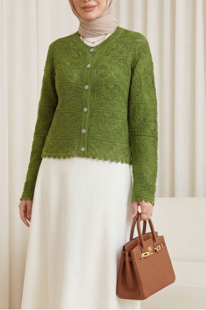 Buttoned Openwork Knit Cardigan -Khaki