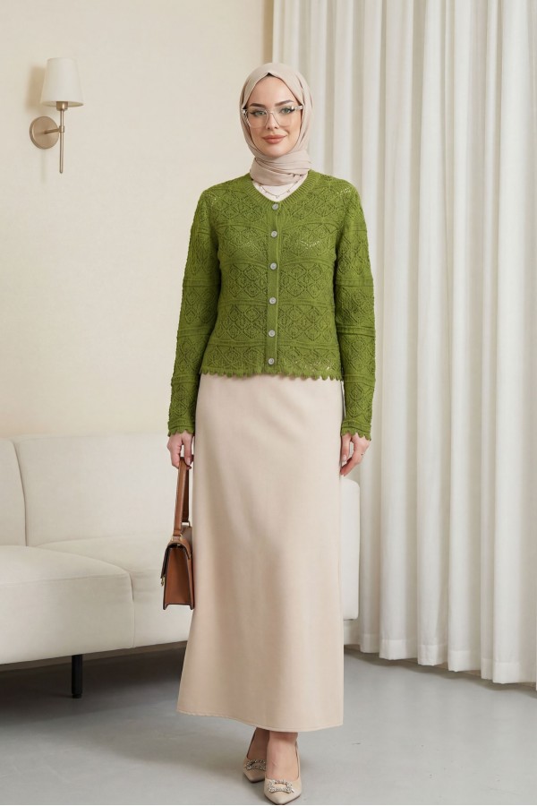 Buttoned Openwork Knit Cardigan -Khaki