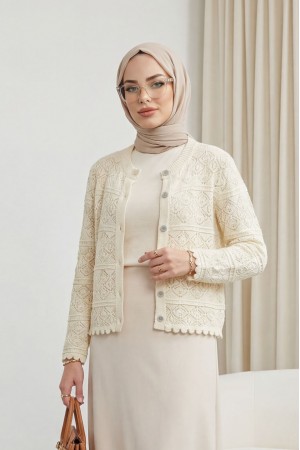 Buttoned Openwork Knit Cardigan -Cream color