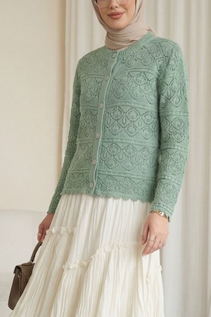 Buttoned Openwork Knit Cardigan -Mint Color