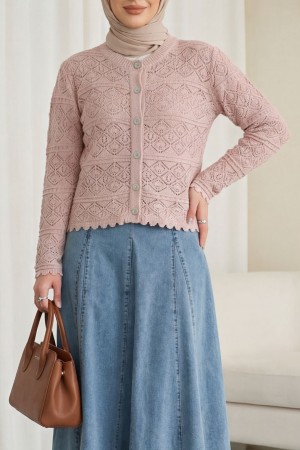 Buttoned Openwork Knit Cardigan -Powder