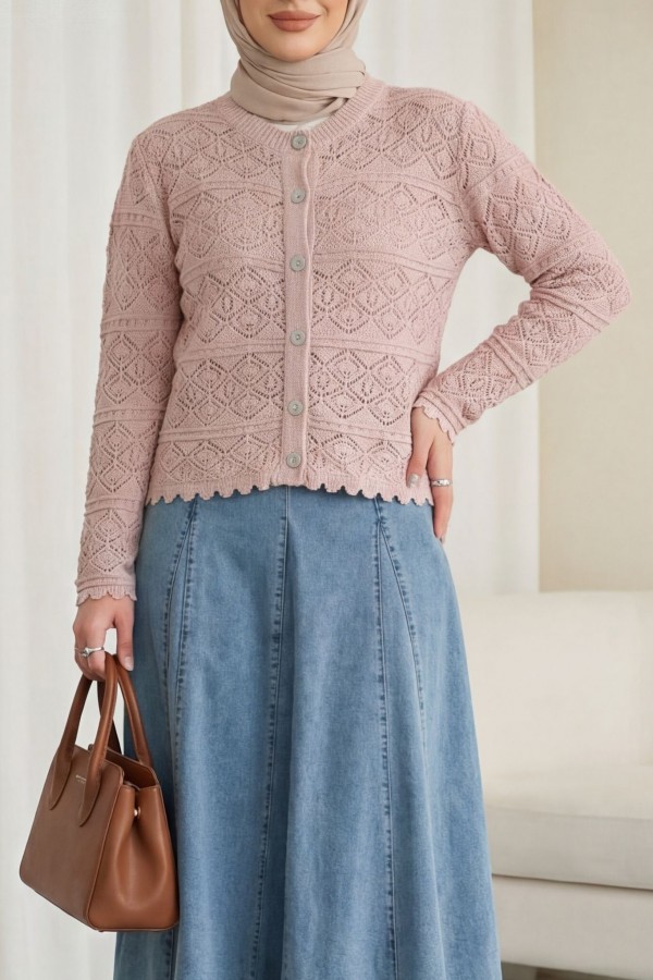 Buttoned Openwork Knit Cardigan -Powder