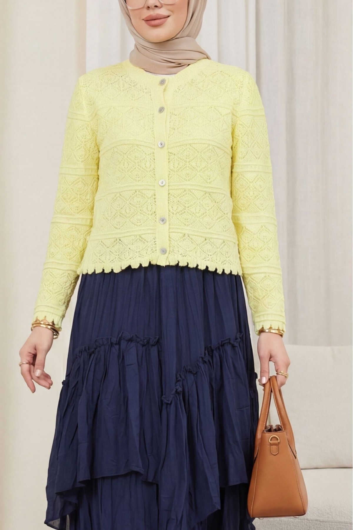 Buttoned Openwork Knit Cardigan -Yellow