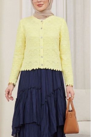 Buttoned Openwork Knit Cardigan -Yellow