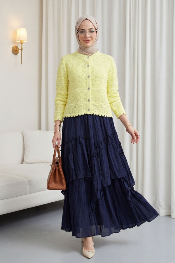 Buttoned Openwork Knit Cardigan -Yellow