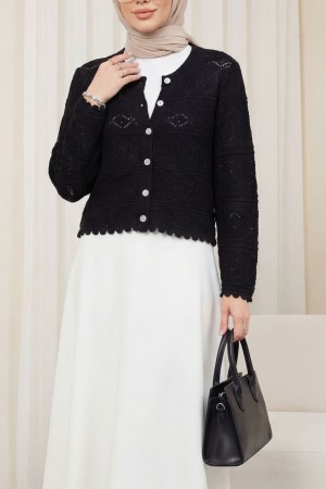 Buttoned Openwork Knit Cardigan -Black