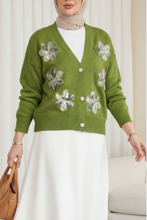 Buttoned knitted cardigan with sequin and floral details on the front.   -Khaki